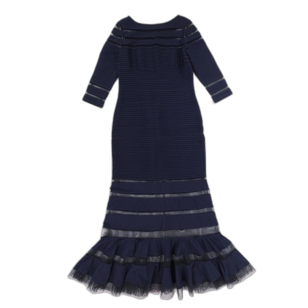 TADASHI SHOJI Pintuck Jersey 3/4 Sleeve Gown Navy Formal Minimal Romantic Glam